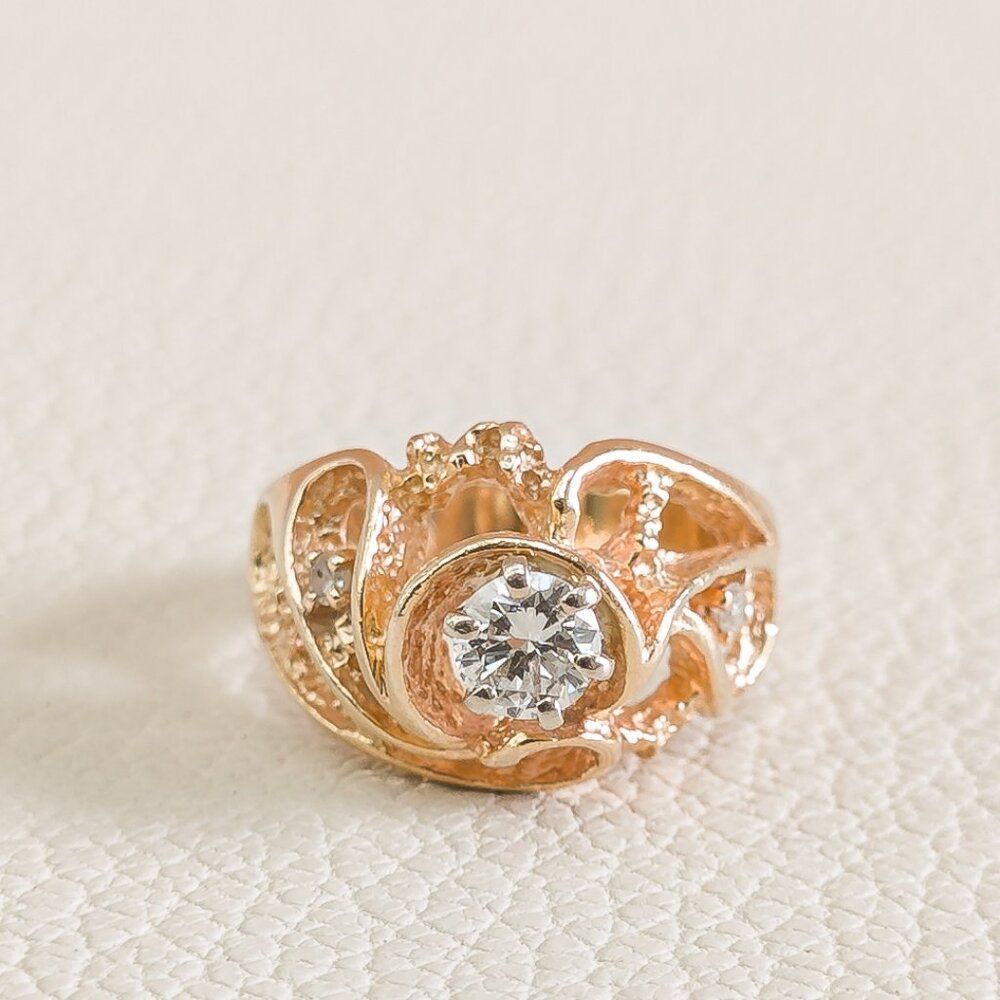Vintage 14K Gold Brutalist Diamond Ring | Custom Artisan Cast | 0.43ctw | Size 7